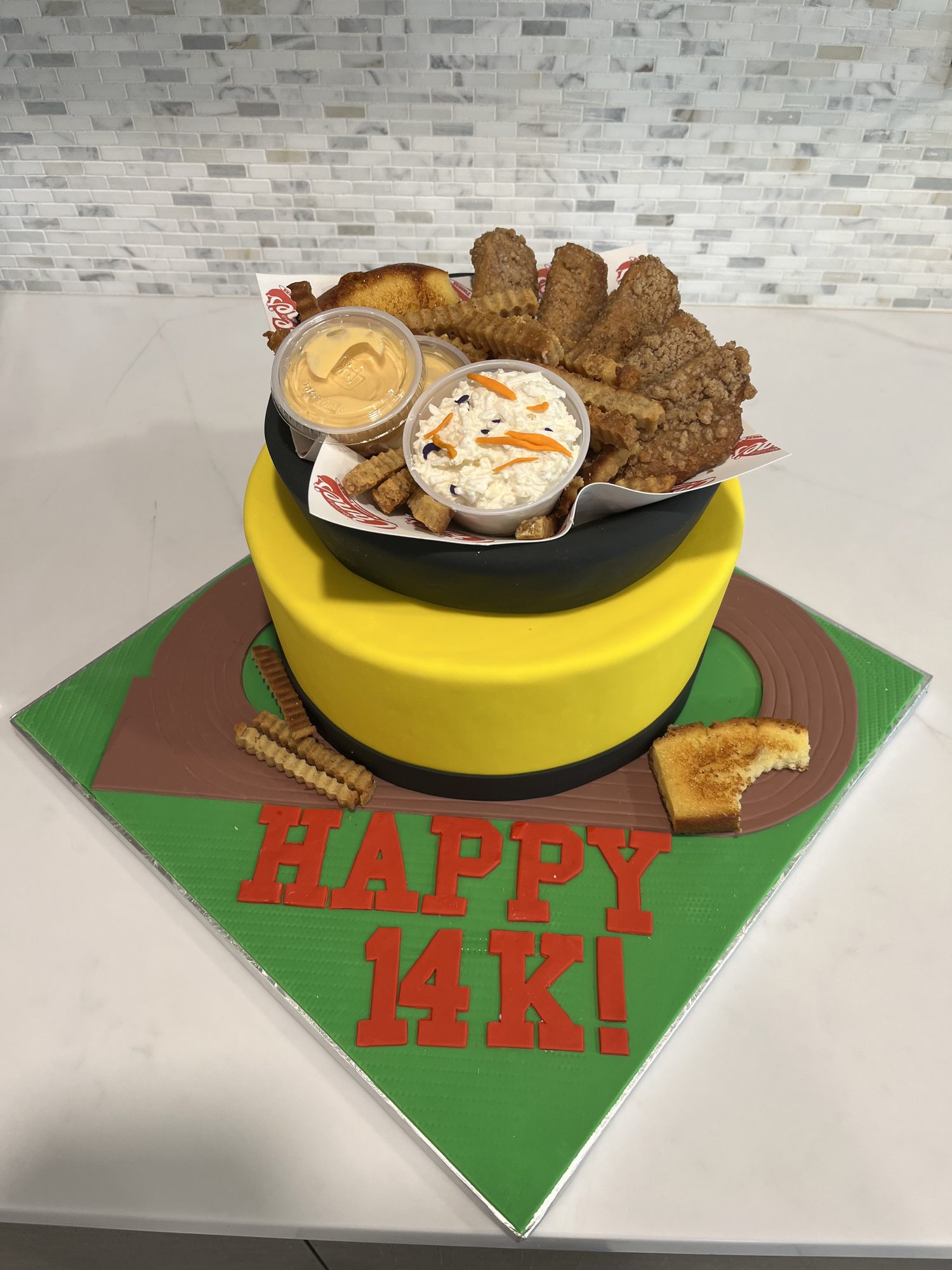 Sculpted Raising Cane's chicken box cake